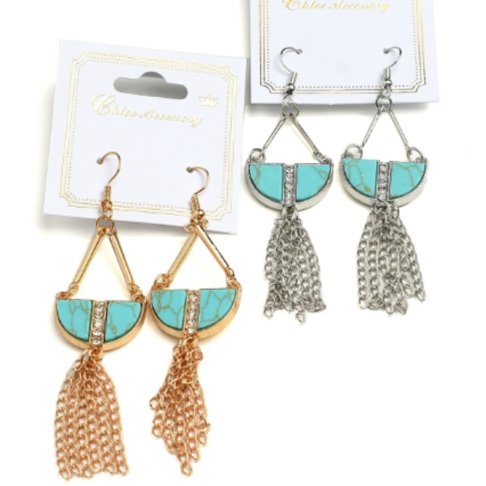 NWT Boho Festival Hippie Turquoise Tassel Earrings - Picture 2 of 2